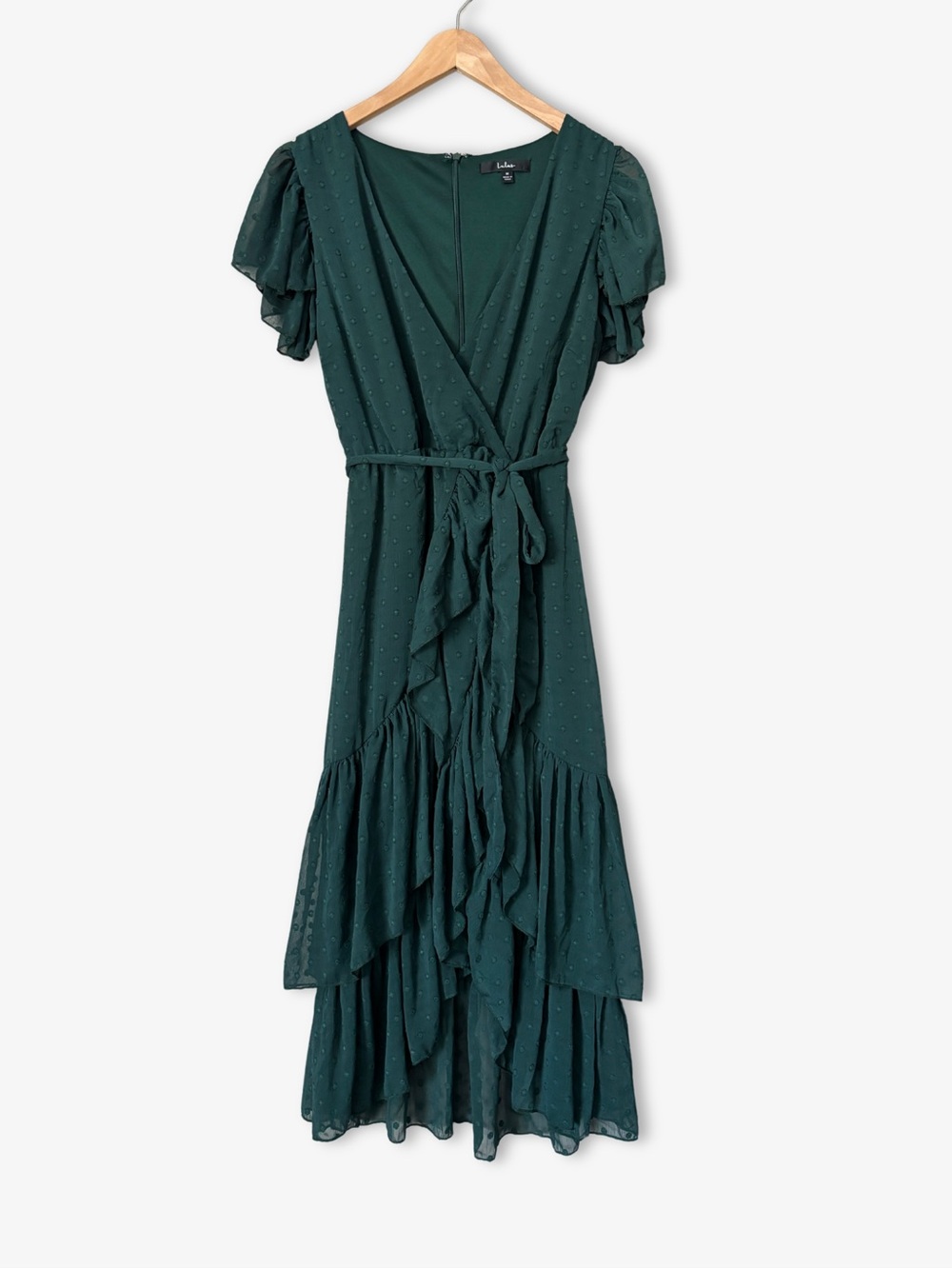 Lulus Have Harmony Dark Green Swiss Dot Ruffled Faux Wrap Midi Dress Size M